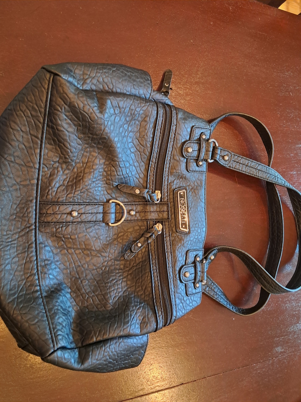 Rosetti Black Faux-Leather Tote Bag with Front Zip Pocket - Rosetti